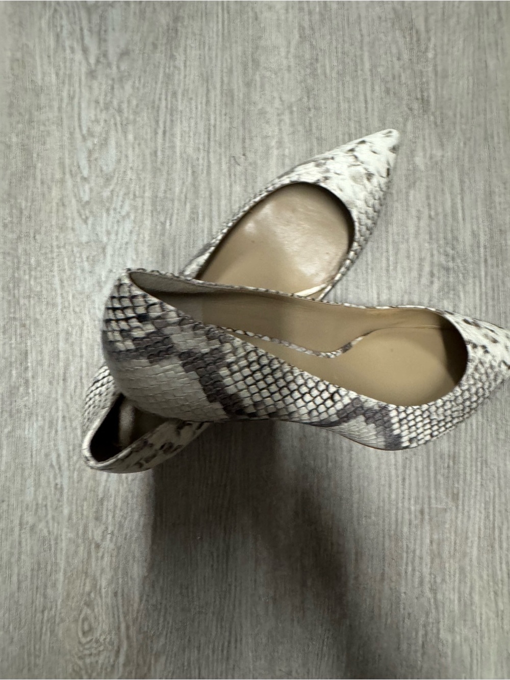 Ann Taylor Snake-Print Pointed Pumps in Cream and Gray